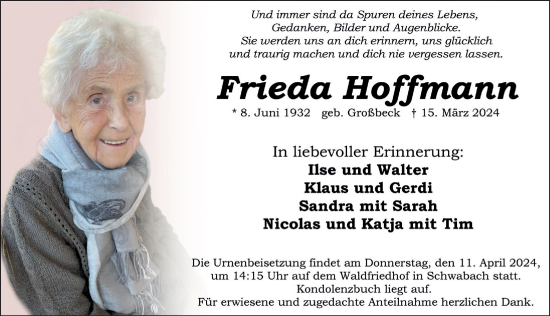 Traueranzeige von Frieda Hoffmann von Schwabacher Tagblatt Lokal