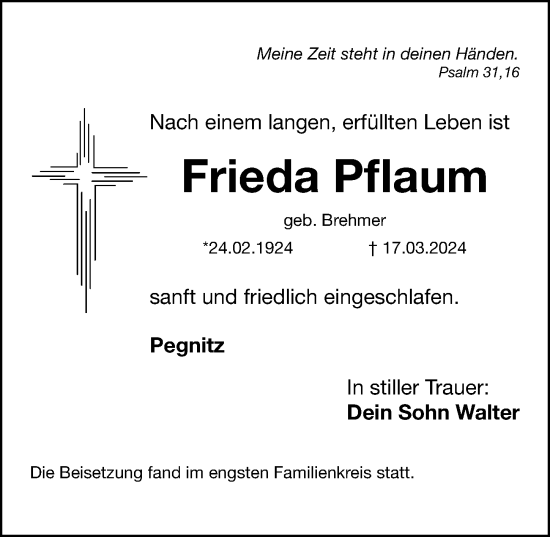 Traueranzeige von Frieda Pflaum von Nordbayerische Nachrichten Pegnitz Lokal