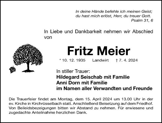 Traueranzeige von Fritz Meier von Gesamtausgabe Nürnberger Nachrichten/ Nürnberger Ztg.