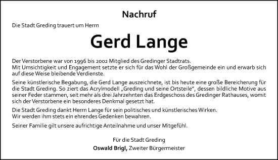 Traueranzeige von Gerd Lange von Roth-Hilpoltsteiner Volkszeitung Lokal