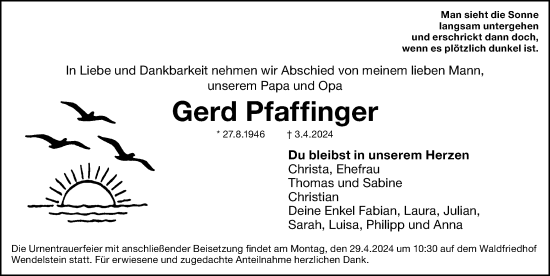 Traueranzeige von Gerd Pfaffinger von Schwabacher Tagblatt Lokal
