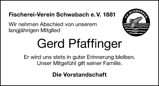 Traueranzeige von Gerd Pfaffinger von Schwabacher Tagblatt Lokal