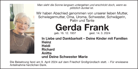 Traueranzeige von Gerda Frank von Gesamtausgabe Nürnberger Nachrichten/ Nürnberger Ztg.