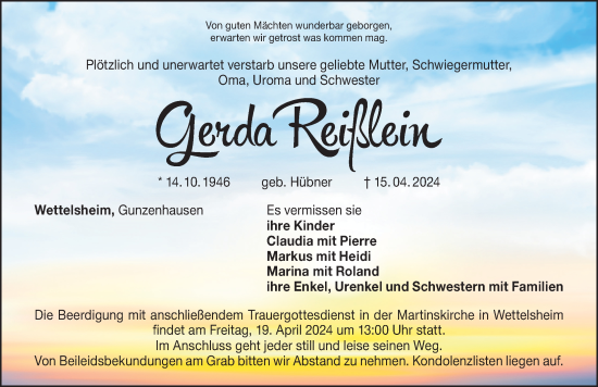 Traueranzeige von Gerda Reißlein von Altmühl-Bote Lokal/ Weißenburger Tagblatt