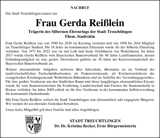 Traueranzeige von Gerda Reißlein von Weißenburger Tagblatt u.Treuchtlinger Kurier Lokal