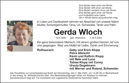 Traueranzeige von Gerda Wloch von Roth-Hilpoltsteiner Volkszeitung Lokal