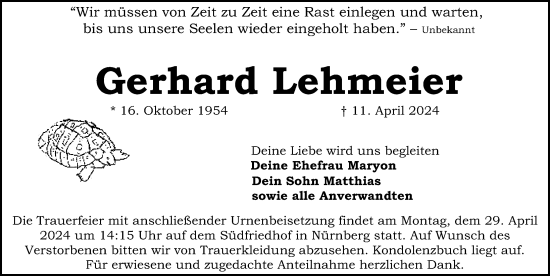 Traueranzeige von Gerhard Lehmeier von Gesamtausgabe Nürnberger Nachrichten/ Nürnberger Ztg.