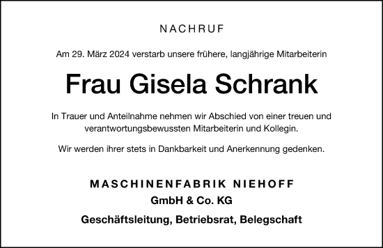 Traueranzeige von Gisela Schrank von Schwabacher Tagblatt Lokal