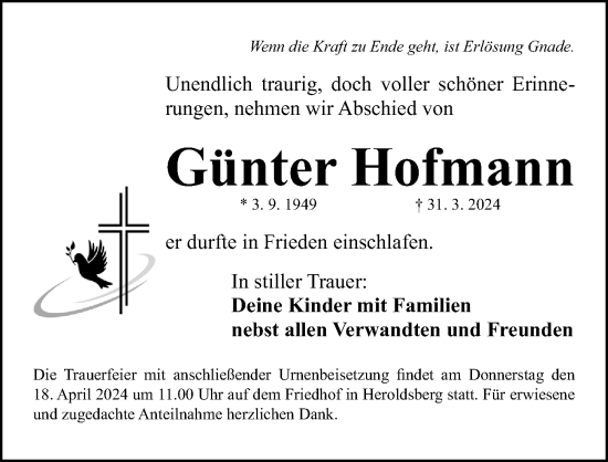 Traueranzeige von Günter Hofmann von Gesamtausgabe Nürnberger Nachrichten/ Nürnberger Ztg.
