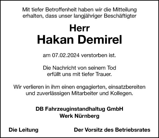 Traueranzeige von Hakan Demirel von Gesamtausgabe Nürnberger Nachrichten/ Nürnberger Ztg.