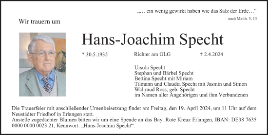 Traueranzeige von Hans-Joachim Specht von Gesamtausgabe Nürnberger Nachrichten/ Nürnberger Ztg./ Erlanger Nachrichten