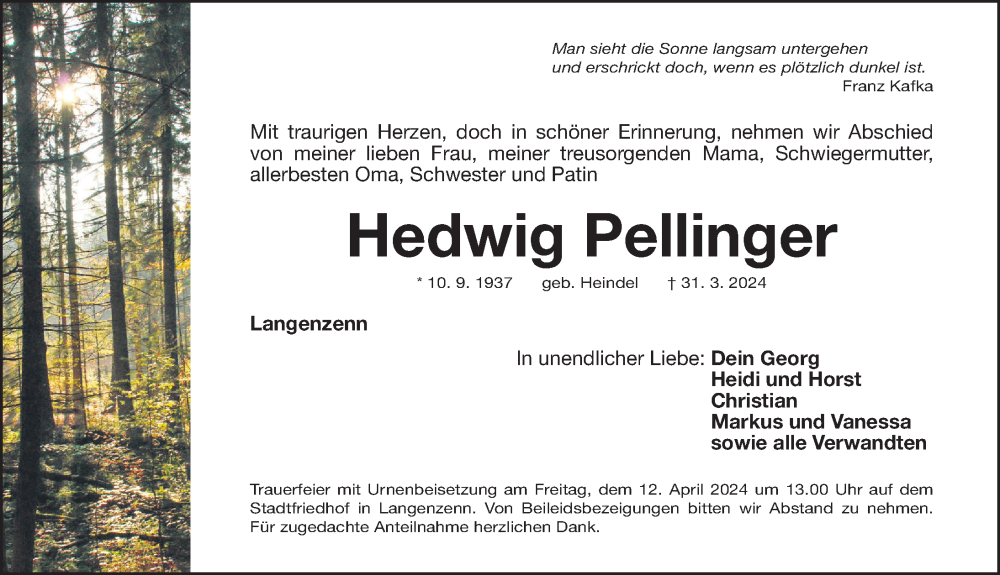  Traueranzeige für Hedwig Pellinger vom 06.04.2024 aus Fürther Nachrichten Lokal