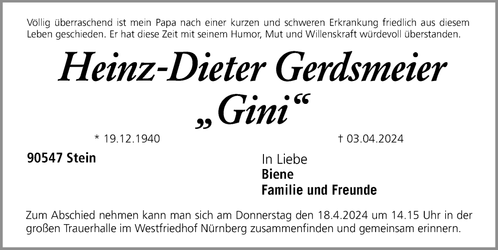  Traueranzeige für Heinz-Dieter Gerdsmeier vom 13.04.2024 aus Gesamtausgabe Nürnberger Nachrichten/ Nürnberger Ztg.