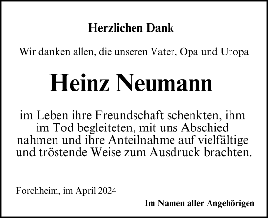Traueranzeige von Heinz Neumann von Nordbayerische Nachrichten Forchheim Lokal