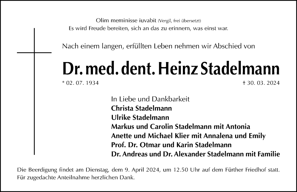  Traueranzeige für Heinz Stadelmann vom 06.04.2024 aus Gesamtausgabe Nürnberger Nachrichten/ Nürnberger Ztg.
