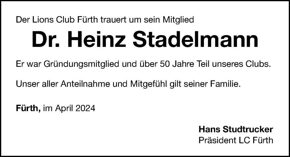  Traueranzeige für Heinz Stadelmann vom 06.04.2024 aus Fürther Nachrichten Lokal