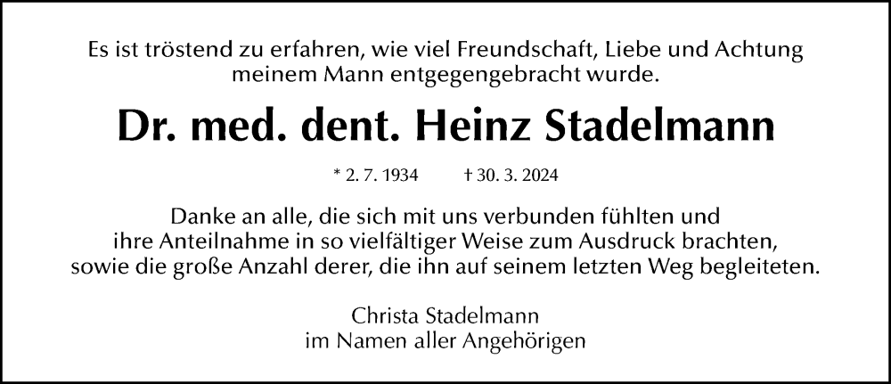  Traueranzeige für Heinz Stadelmann vom 20.04.2024 aus Gesamtausgabe Nürnberger Nachrichten/ Nürnberger Ztg./ Fürther Nachrichten