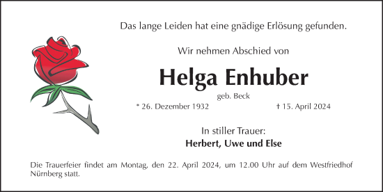 Traueranzeige von Helga Enhuber von Gesamtausgabe Nürnberger Nachrichten/ Nürnberger Ztg.