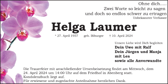 Traueranzeige von Helga Laumer von Schwabacher Tagblatt Lokal