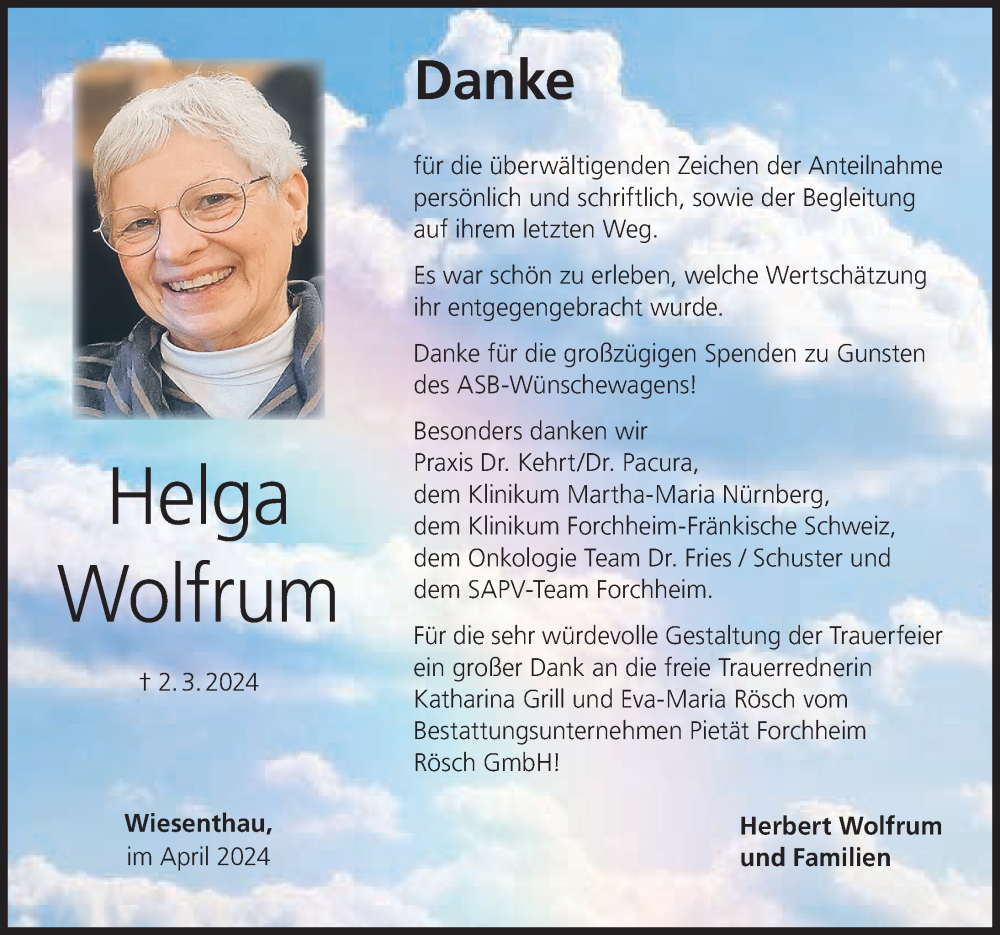  Traueranzeige für Helga Wolfrum vom 06.04.2024 aus Nordbayerische Nachrichten Forchheim Lokal