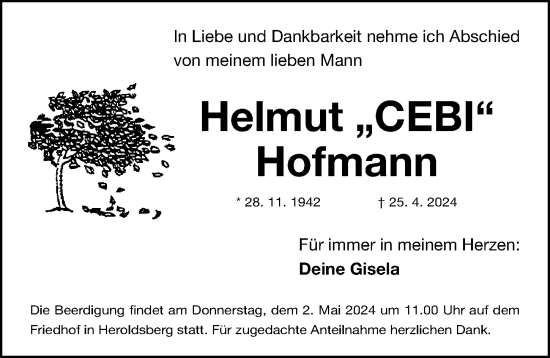 Traueranzeige von Helmut Hofmann von Gesamtausgabe Nürnberger Nachrichten/ Nürnberger Ztg.