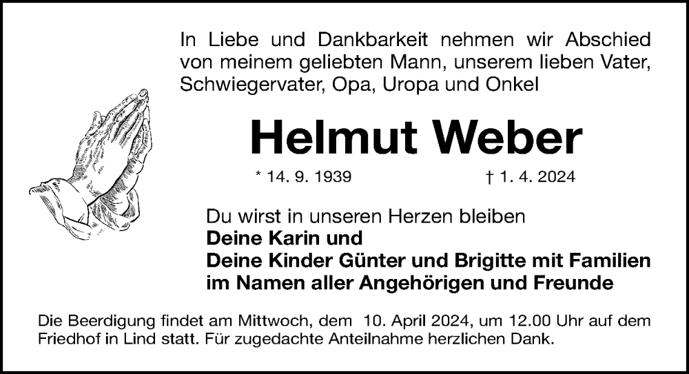  Traueranzeige für Helmut Weber vom 06.04.2024 aus Fürther Nachrichten Lokal