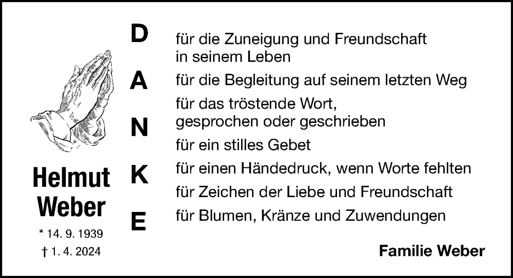  Traueranzeige für Helmut Weber vom 20.04.2024 aus Fürther Nachrichten Lokal