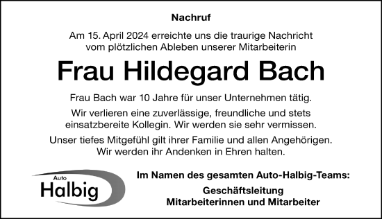 Traueranzeige von Hildegard Bach von Altmühl-Bote Lokal