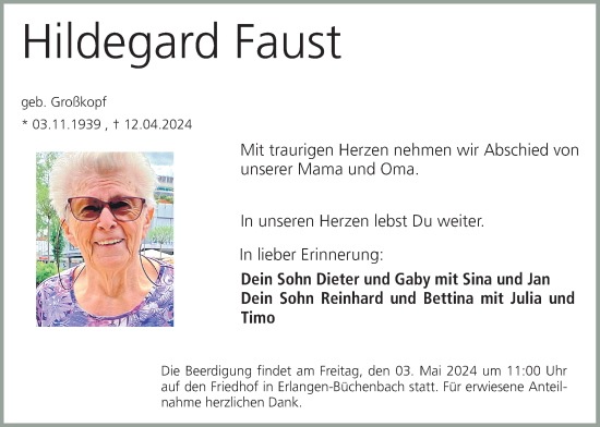 Traueranzeige von Hildegard Faust von Erlanger Nachrichten Lokal