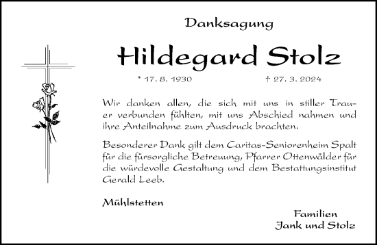 Traueranzeige von Hildegard Stolz von Roth-Hilpoltsteiner Volkszeitung Lokal