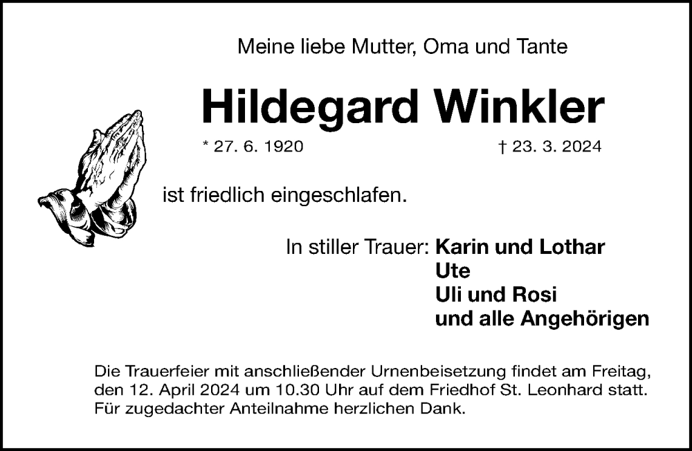  Traueranzeige für Hildegard Winkler vom 06.04.2024 aus Gesamtausgabe Nürnberger Nachrichten/ Nürnberger Ztg.