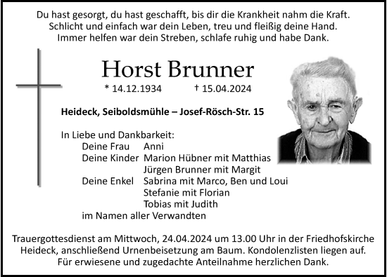 Traueranzeige von Horst Brunner von Roth-Hilpoltsteiner Volkszeitung Lokal