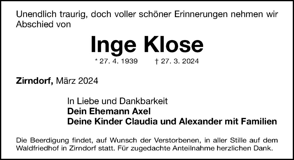  Traueranzeige für Inge Klose vom 06.04.2024 aus Fürther Nachrichten Lokal