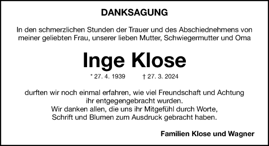 Traueranzeige von Inge Klose von Fürther Nachrichten Lokal