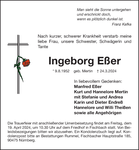 Traueranzeige von Ingeborg Eßer von Gesamtausgabe Nürnberger Nachrichten/ Nürnberger Ztg.