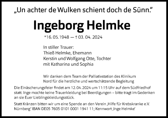Traueranzeige von Ingeborg Helmke von Gesamtausgabe Nürnberger Nachrichten/ Nürnberger Ztg.