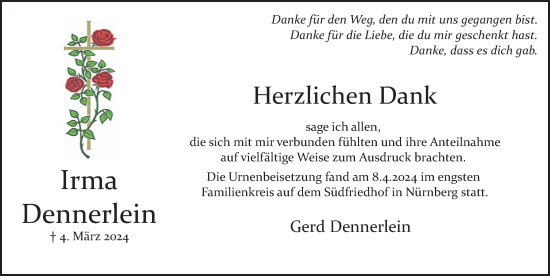 Traueranzeige von Irma Dennerlein von Gesamtausgabe Nürnberger Nachrichten/ Nürnberger Ztg.