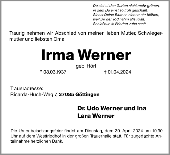 Traueranzeige von Irma Werner von Gesamtausgabe Nürnberger Nachrichten/ Nürnberger Ztg.