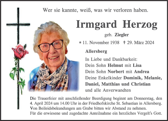 Traueranzeige von Irmgard Herzog von Roth-Hilpoltsteiner Volkszeitung Lokal