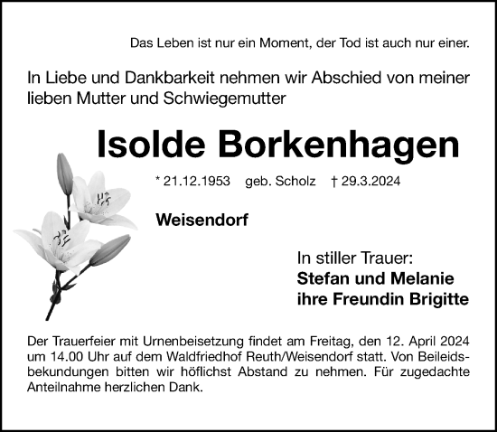 Traueranzeige von Isolde Borkenhagen von Nordbayerische Nachrichten Herzogenaurach Lokal