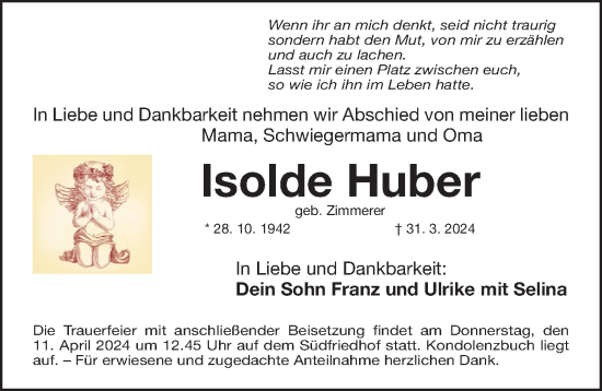 Traueranzeige von Isolde Huber von Gesamtausgabe Nürnberger Nachrichten/ Nürnberger Ztg.