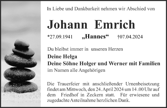 Traueranzeige von Johann Emrich von Erlanger Nachrichten Lokal