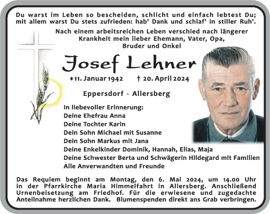 Traueranzeige von Josef Lehner von Roth-Hilpoltsteiner Volkszeitung Lokal