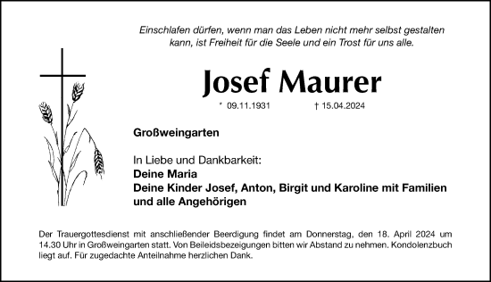 Traueranzeige von Josef Maurer von Roth-Hilpoltsteiner Volkszeitung Lokal