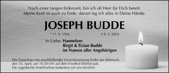Traueranzeige von Joseph Budde von Gesamtausgabe Nürnberger Nachrichten/ Nürnberger Ztg.
