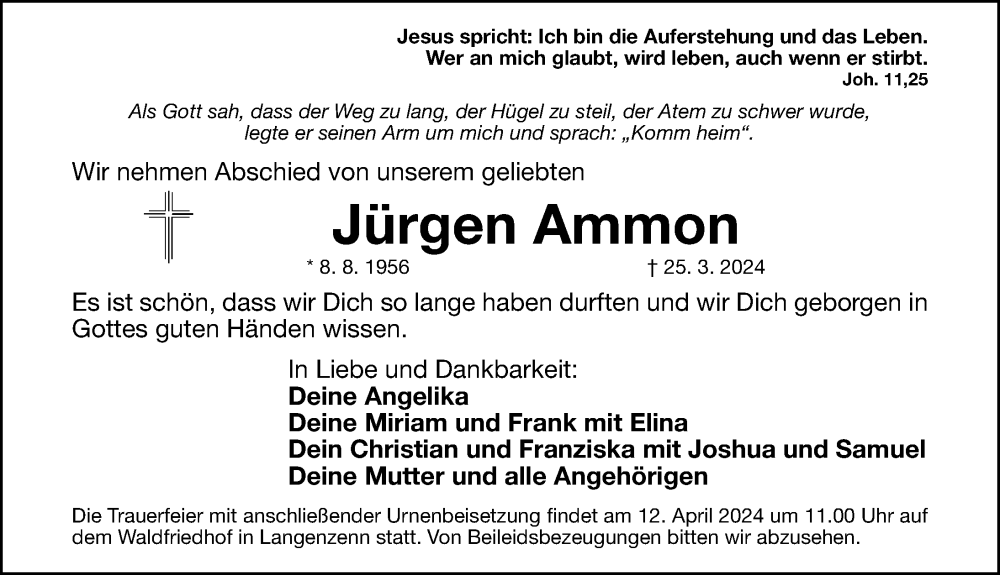  Traueranzeige für Jürgen Ammon vom 06.04.2024 aus Fürther Nachrichten Lokal