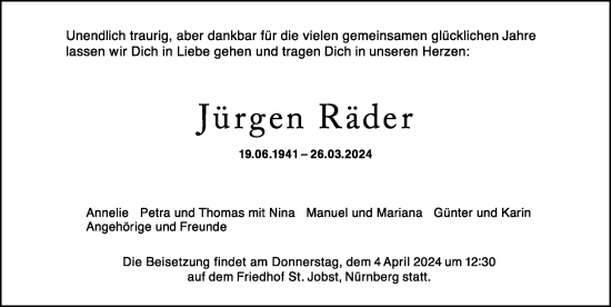 Traueranzeige von Jürgen Räder von Gesamtausgabe Nürnberger Nachrichten/ Nürnberger Ztg.