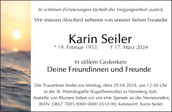 Traueranzeige von Karin Seiler von Gesamtausgabe Nürnberger Nachrichten/ Nürnberger Ztg.