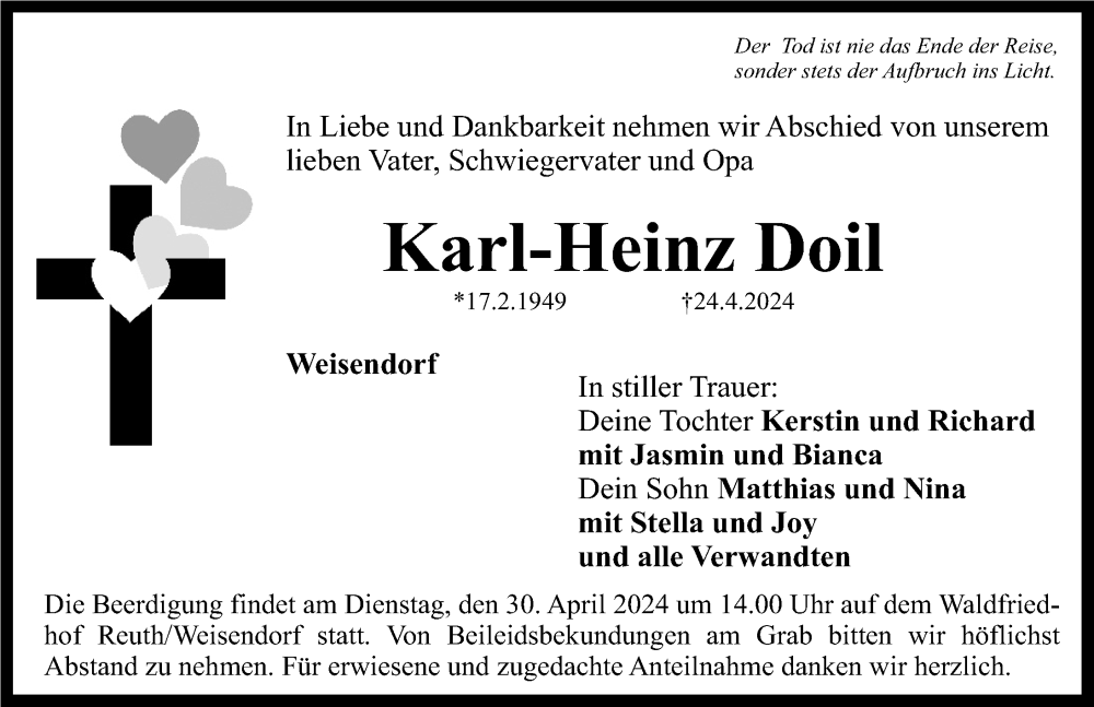  Traueranzeige für Karl-Heinz Doil vom 27.04.2024 aus Nordbayerische Nachrichten Herzogenaurach Lokal