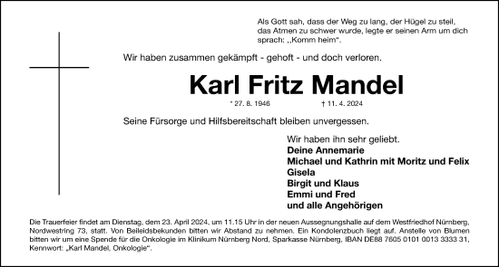 Traueranzeige von Karl Fritz Mandel von Gesamtausgabe Nürnberger Nachrichten/ Nürnberger Ztg.